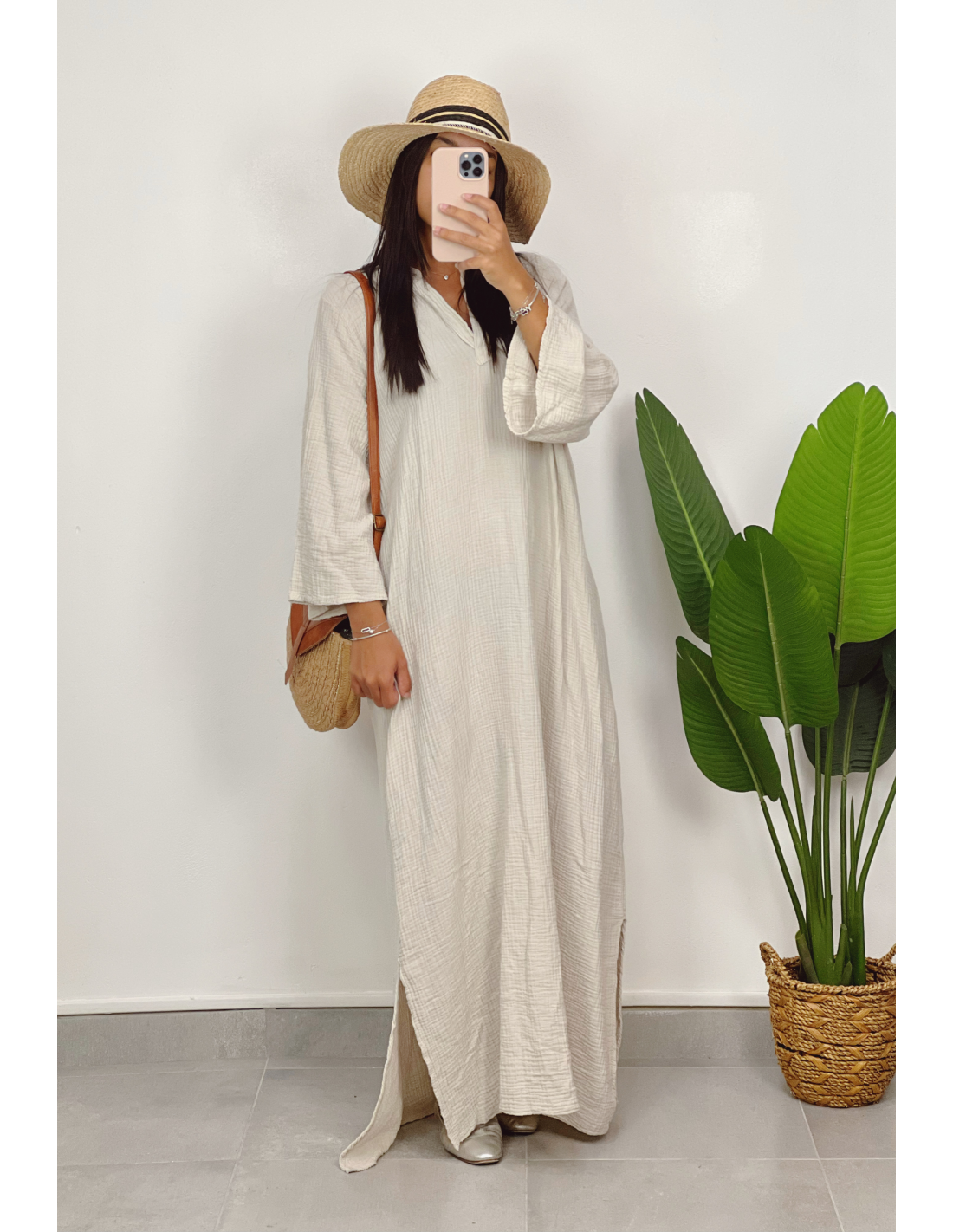 Robe longue gaz de coton créme